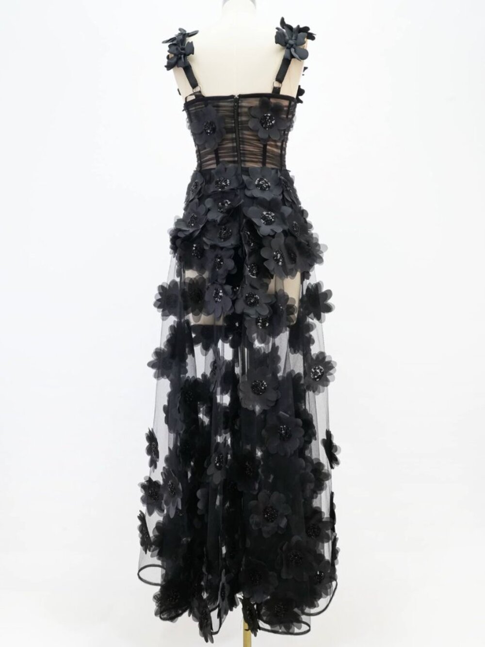 Bronx and Banco Rosalie Maxi Dress Gown Black Noir Floral-Appliqué Tulle - Picture 6 of 10